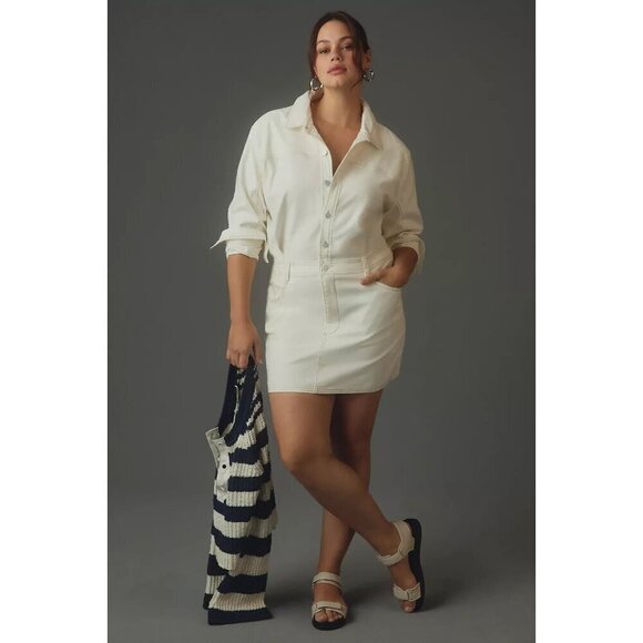 NWT Anthropologie Long-Sleeve Denim Mini Shirt Dress 1X Ivory Jean - Picture 1 of 8
